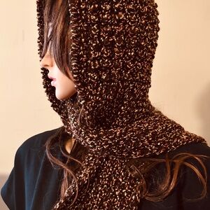 Elegant Gold on Brown Scoodie Hooded Scarf Hand Made Discontuned Yarn READY TO